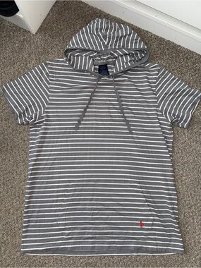 Polo by Ralph Lauren Gray and White Striped Short-Sleeve Hooded Lounge Tee